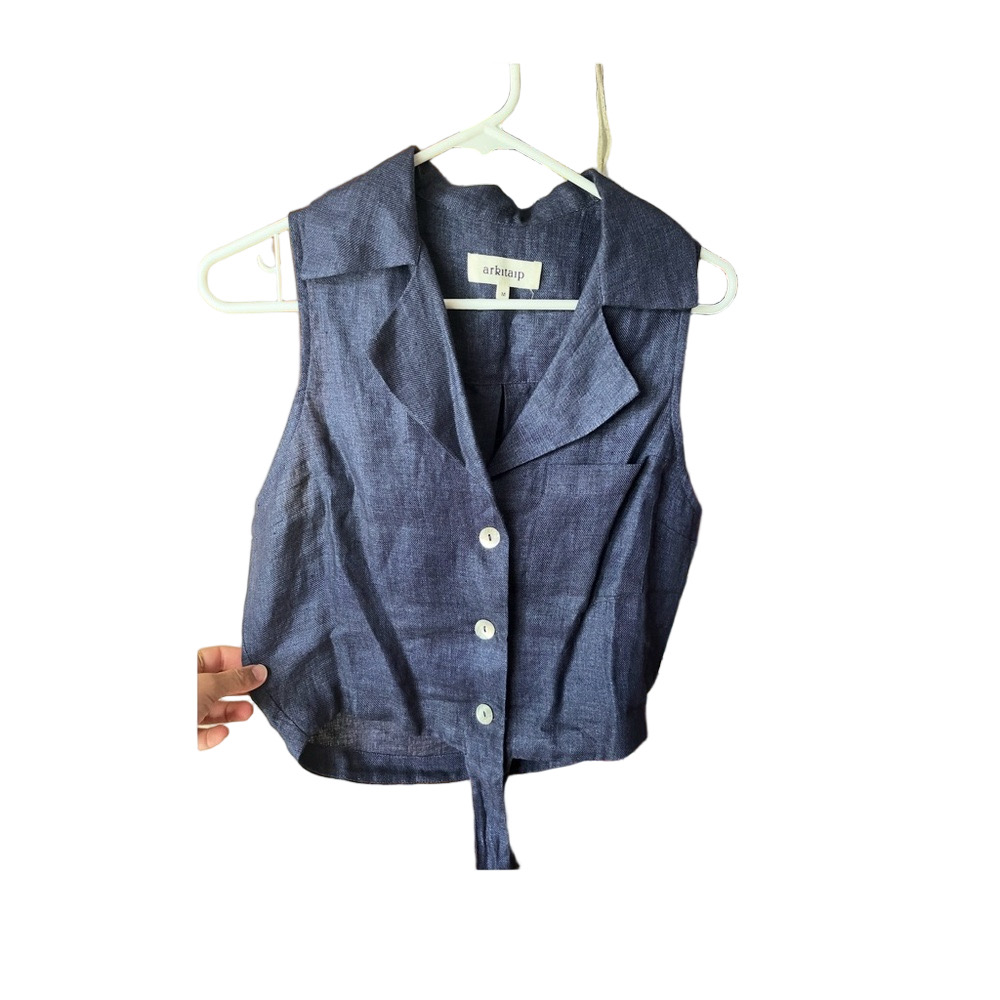 Arkitaip - 100% Linen - Jean Blue Button-Up Tie Front Vest